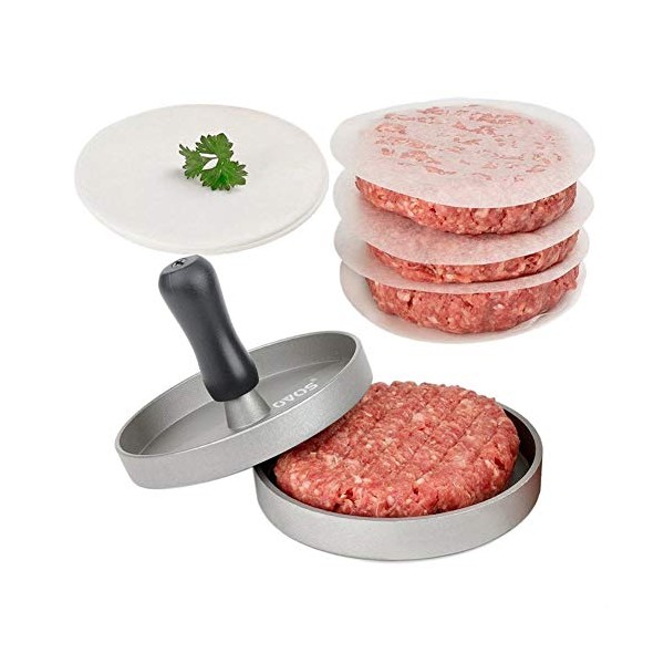 OVOS Aluminum Non-Stick Hamburger Press with 100 Free Patty Papers for BBQ Baking