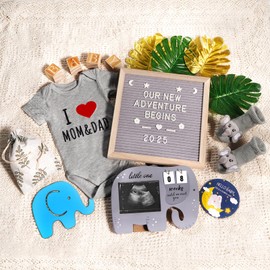 OFUSUY 10 Pcs Pregnancy Announcement Set, Elephant Pregnancy Reveal Ideas Include Felt Letter Board Sonogram Picture Frame Bodysuit Sock Baby Sign and Monstera Leaf for Coming Soon Baby Announcement