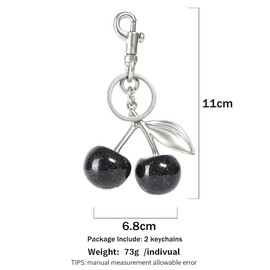 COOLANS 2 Set Cute Cherry Bag Charm,Apple Key Ring Clip Handbag Charm,Fruit Novelty Pendant,Purse Decor Keychain for Woman(Black & Grey Cherry/Silver Keychain 2PCS)