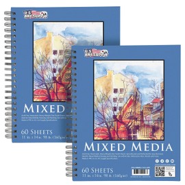 U.S. Art Supply 11"x14" Mixed Media Sketchbook, 2 Pack (60 Sheets), 98 lb (160 GSM) - Spiral-Bound Pad with Perforated Acid-Free Paper - Artist Sketch Book for Drawing, Painting, Watercolor