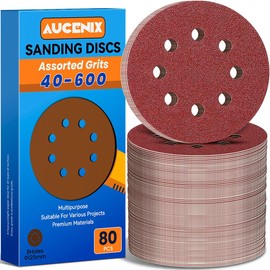 Aucenix 80PCS 125mm Sanding Discs: 8 Holes (40/60/80/120/150/180/240/320/400/600) Assorted Grits Sanding Pads - Hook and Loop Sandpaper Sheets for Random Orbital Sander for Wall Metal Wood