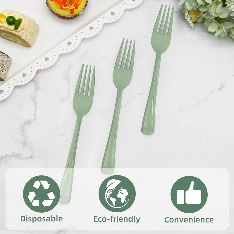 50 PCS Sage Green Plastic Forks, Sage Green Silverware Set