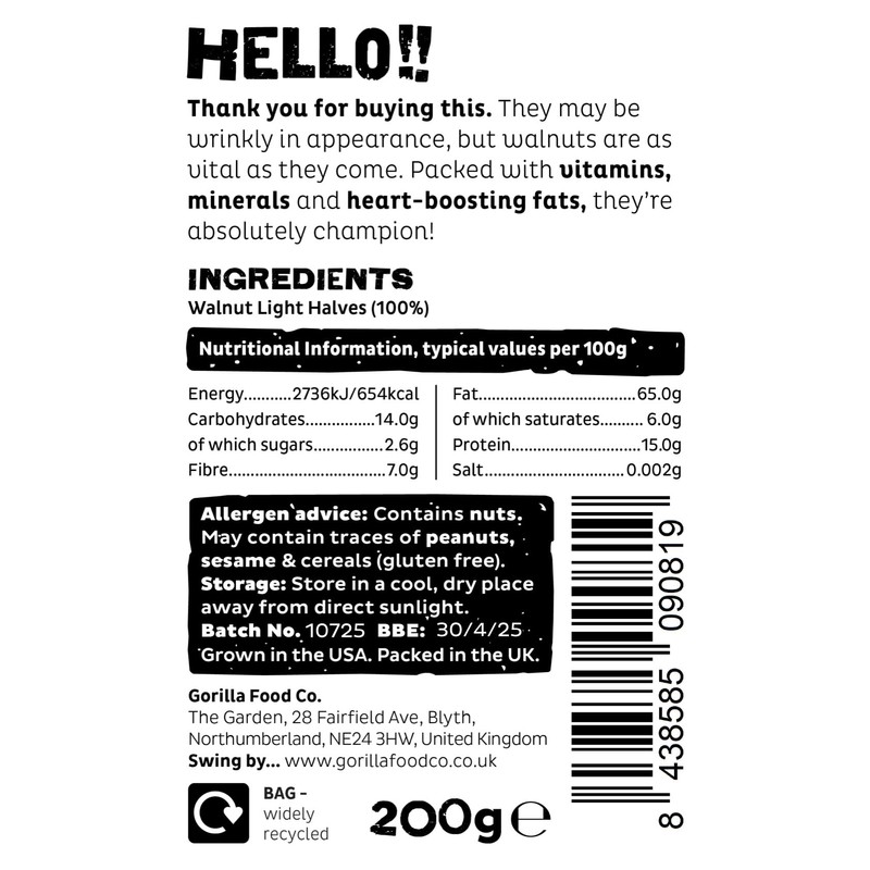 Gorilla Food Co. Natural Walnut Halves - 200g