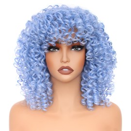 PORSMEER 14 inch Afro Curly Wigs for Women, Short Loose Kinky Curly Wigs with Bangs for Black Women, Synthetic Afro Curls Hair 70s (Blue)