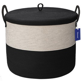 Echueuey XXXXL Extra Large blanket basket with lid 21"x21"x18" blanket storage for living room,Large woven storage basket round laundry basket rope basket 115L Black