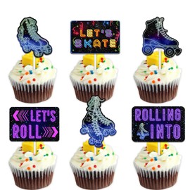 18pcs Blue Glitter Roller Skates Dessert Cupcake Topper Pick for 80s 90s Retro Hip Hop Roller Skating Roll into Let’s Roll Theme Decor Supplies Boys Girls Happy Birthday Party Decorations