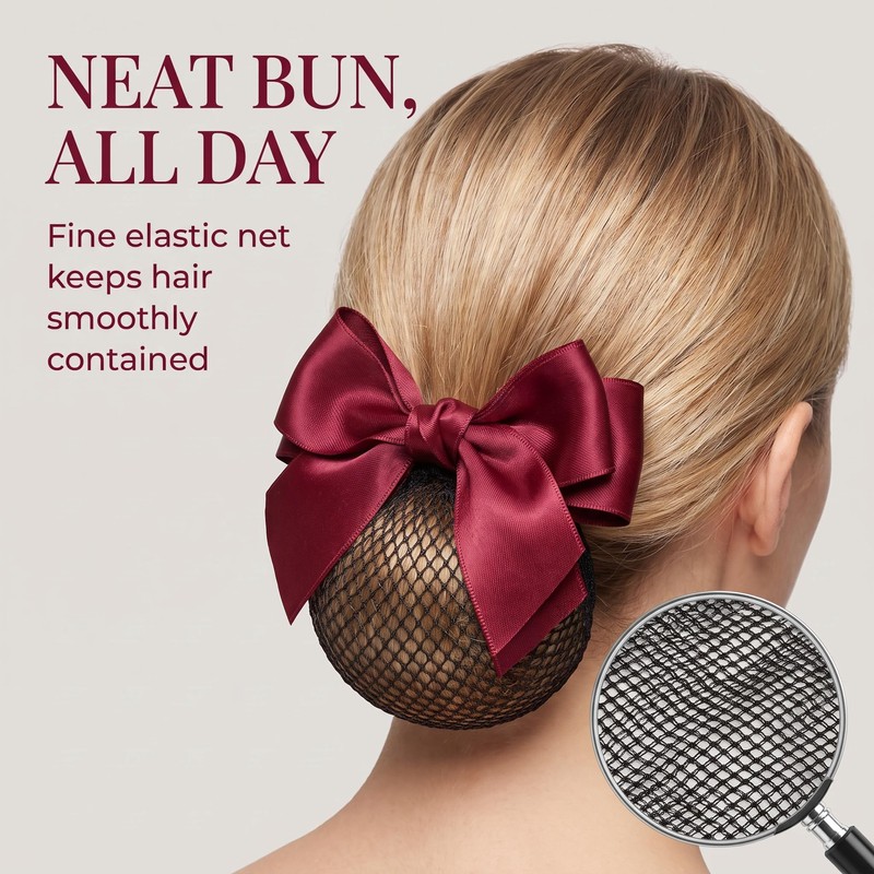 Wine Red Women Hair Snood Net Bowknot Decor Barrette Elastic
