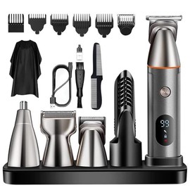 VOICEPTT Afeitadora Electrica y Barbero Eléctrico con Cabezal de Succión Magnético, 16 en 1 Kit de Rasurado para Hombre, Máquina para Cortar Cabello de Barba/Nariz/Pelo/Cara/Cuerpo, Carga Rápida USB y Base