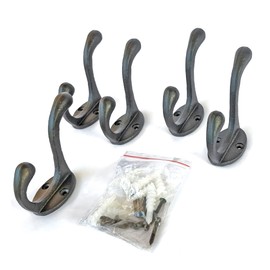 5 Pack Decorative Cast Iron Heavy Duty Double Hooks, Wall Mounted Coat Hooks, Vintage Inspired (Antique Black) (Cornish Hook)