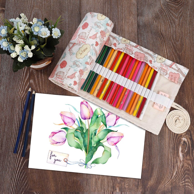 MengH-SHOP Canvas Pen Roll 72 Holes Coloured Pencils Pencil Case