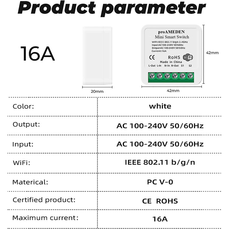 proAMEDEN WiFi Smart Switch 16A Mini Smart Switch WiFi Switch