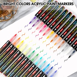 Paint Pens Acrylic Markers-12 Colors Acrylic Paint Brush-Markers for Wood Ceramic Glass Stone Pebble Colouring Crafts for Kids Adults Christmas Egg Pumpkins Supplies