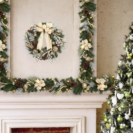 6 Feet Pre-lit Christmas Garland with Lights for Mantle, Lighted Battery Operated Outdoor Xmas Garland with 20 LED Gold Balls Pine Cones Antlers for Fireplace Front Door Stair Railing Decor