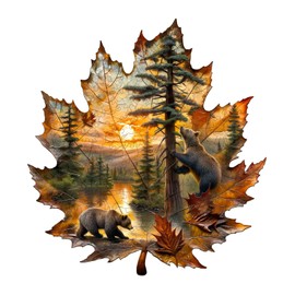 Wooden Puzzles for Adults, Wooden Jigsaw Puzzles for Adults, Brown Bear Autumn Maple Leaf Unique Shaped Wood Puzzles Adult, Creative Gifts for Friends Family Game, Home Decor (8.5 * 7.9in 90pcs)