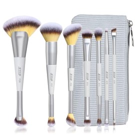 Jessup Set Brocha de Maquillaje 7pcs Brochas para Maquillaje Doble Punta, Pinceles Sintéticas para Base, Contorno, Rubor, Iluminador, Cejas y Sombras con Bolsa, Quiet Gray T520