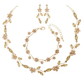 chaoyite Elegant Leafy Wedding Necklace Earrings Jewelry Sets For Women Brides Bridal Floral Cluster Prom Party Costume Accessories (Champagne-Gold Plated)