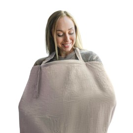 Nilsa 5-in-1 Muslin Nursing Cover up for Breastfeeding & Baby Car Seat Cover - Breathable Breastfeeding Cover With Rigid Hoop - 100% Cotton Privacy Apron Breast Feeding Covers For Women (Ecru)