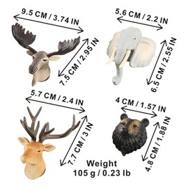 3D Wildlife Refrigerator Magnets,Moose Elephant Bear Elaphurus Davidianus Head Sculptures,Realistic Animal Art Home Decoration for Kitchen Fridge Office Bedroom,4 Piece Set