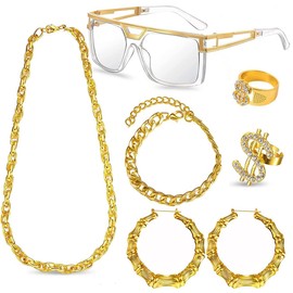 Osznmmg 80s 90s Hip Hop Costume Accessories 90s Accessories Outfit Women Rapper 80s Accessories with Bamboo Hoop Earring Gold Rope Chain Necklace Bracelet Old School Rapper Sunglasses Dollar Ring