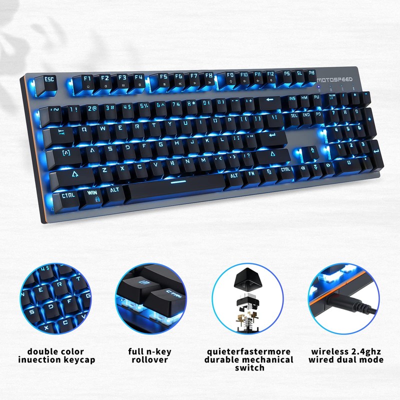 MOTOSPEED 2.4GHz Wireless/USB Wired Mechanical Keyboard 104Keys Led Backlit Brown