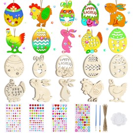 Yotako Easter Crafts Children, 415 Pieces Wooden Pendants Easter for Painting, Craft Set Easter with Brush Drawing Plate, DIY Easter Decoration, Easter Eggs, Rabbit, Chick for Children, Easter Gifts