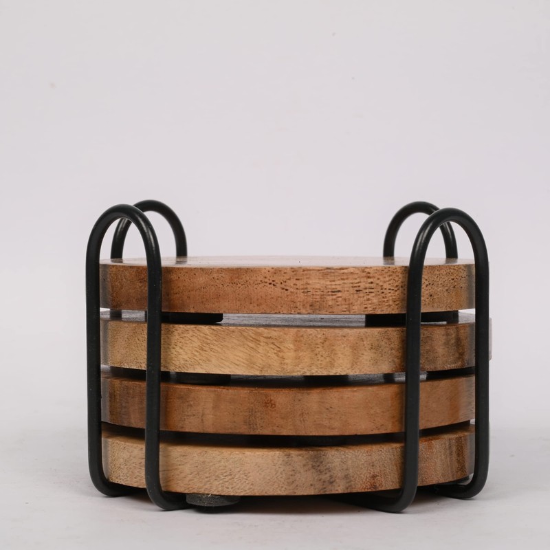 EDHAS Acacia Wood Coasters for Drinks with Iron Holder Stand