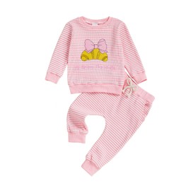 MAHUAOYIXI Toddler Girls Outfits 12-18 Months Letters Croissant Embroidery Long Sleeve Sweatshirt Pullover Tops and Elastic Striped Sweatpants 2Pcs Set Baby Girl Clothes 2-3 Years (Pink, 6-12 Months)