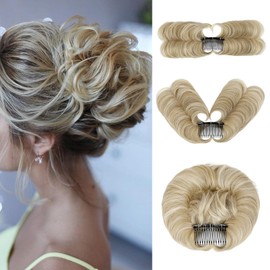 Cephermer Messy Bun Hair Piece 360°Adjustable Versatile Hairpiece Synthetic Wavy Side Comb Clip in Hair Bun Tousled Updo for Women Ash blonde mix Bleach Blonde