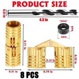 8PCS 8mm Hidden Brass Barrel Hinges with 8mm Drill Bit and Depth Stop Collar, 180 Degree Opening Angle Concealed Furniture Small Hinges for Wooden Box, Jewelry Box, Ring Box, DIY Hand Craft