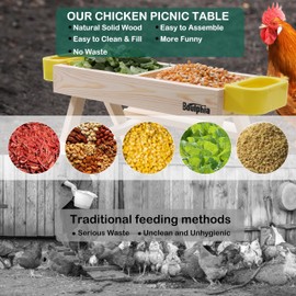 Boulphia Chicken Feeders and Waterers, Chicken Feeder No Waste Kit with Picnic Table and 2 Water Feeder, Handmade Wooden Chicken Supplies & Accessories for Chicken Coop