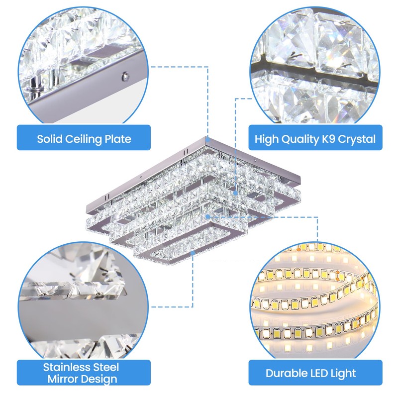 Finktonglan Modern Crystal LED Ceiling Light Fixture 20” Rectangular Flush