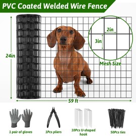 24 in x 59 Ft Welded Wire Fence Black PVC Coated Wire Mesh 2 x 3 in 13GA Garden Fence for Dog Border Fencing Roll Outdoor Animal Barrier Fence with U-Shape Hooks for Yard Plant Vegetable Protection