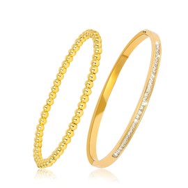 JJDreams Stainless Steel Cuff Bangle Bracelet with Rhinestones for Women Stretch Gold Beads Bracelets Hypoallergenic Various Styles Adjustable Bangle Set for Gift or Parties, Stainless Steel Titanium,