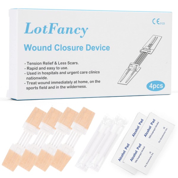 LotFancy Emergency Laceration Closures, Medical First Aid Supplies, 4-Count, Butterfly Bandaids, Wound Care Surgical Sutures Strips Kit with Accessories, Sterile, Latex-Free