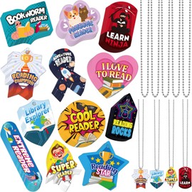 AmazingSpark 120 Pack Student Reading Incentives Dog Tags, Recognition Tag Education Awards Prizes Bulk with 12 Chains PVC Waterproof Reading Necklace for School Classroom Teacher Reward, 12 Styles