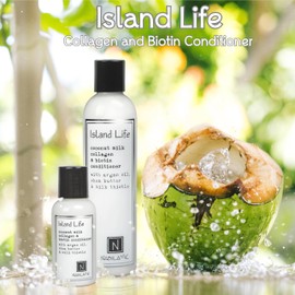 Nabila K, Island Life - Coconut Milk Biotin and Collagen Conditioner with Vitamin B7, Argan Oil, Shea Butter and Milk Thistle, for All Hair Types, 9 oz.