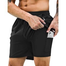 KBVOT Men's Swimming Trunks with Compression Liner Quick-Drying Swimming Shorts Men's Short Board Shorts Swimming Trunks 2 in 1 Swimming Trunks with Inner Shorts Surfing Beach Shorts, black