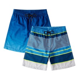 TEX2FIT Boy's Quick Dry Swim Trunks for 7-14yrs, Breathable Swim Shorts with Mesh Lining and Pockets, 2-Pack(Blue Grey Stripe/Navy Blue Gradient, Small)
