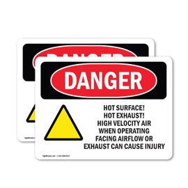 (2 Pack) Hot Surface! Hot Exhaust! High OSHA Danger Sign 5 Inch X 3.5 Inch Vinyl Label Decal Sticker Weather Resistant, UV Protected for Workplace, Business, and Construction Site, Made in the USA