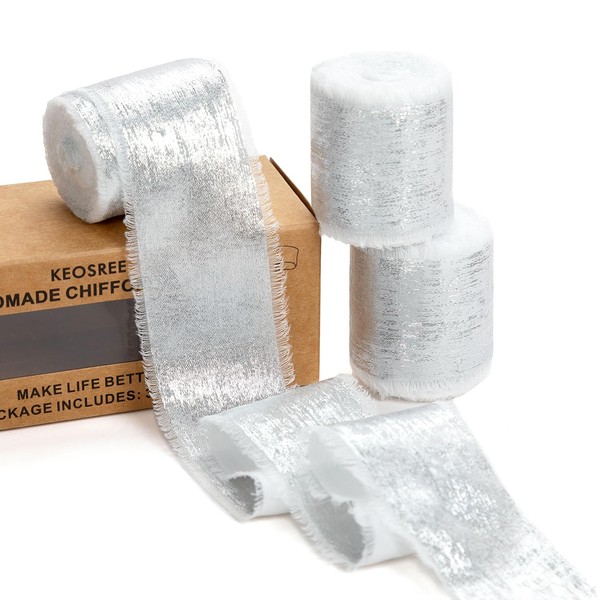 KEOSREE Cream White Silk Chiffon Ribbon,Frayed Shimmery Silk Ribbon for