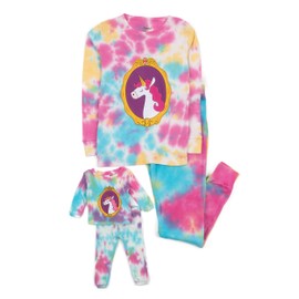 Leveret Matching Doll & Girls Pajamas 100% Cotton Rainbow Untcorn Tie Dye (Size 6 Years)