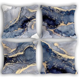 OGILRE Blue and Gold Pillow Cover, Modern Abstract Marble Texture Blue Gold Watercolor Print Art Home Bedroom Decorations Soft Throw Pillow Cover, Drawing Boho Pillow Case Pillowcase, 20x20 Inch 4 Pcs