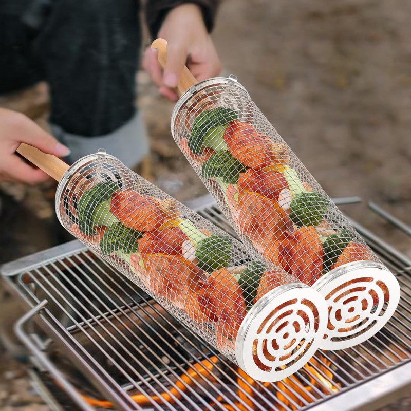 Kyrio 2 x Stackable BBQ Baskets 304 Stainless Steel Roller