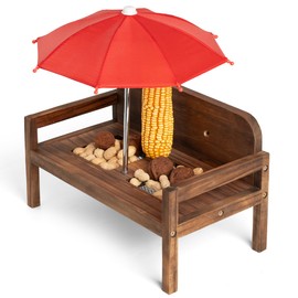 Lavievert Bench Chair Chipmunk & Squirrel Feeder, Wooden Squirrel Picnic Table with Umbrella and Corn Cob Holder, Durable Squirrel Feeder with Solid Structure for Outdoors, Garden