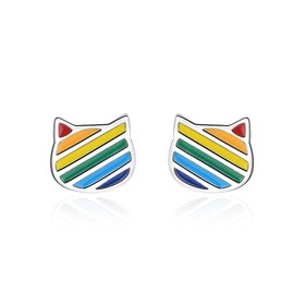 Cute Rainbow Kitty Cat Tiny Stud Earrings for Women Cartilage Tragus Sensitive Ear White Gold Plated Lovely Animal Hypoallergenic Piercing Post Dainty Gifts for Birthday Daughter Granddaughter