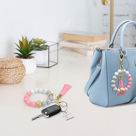 SNCCJ Bracelet Keychain for Women, Silicone Beaded Keychain Wristlet with Tassel, Portable House Car Key Ring Bracelet (Pink & Grey)