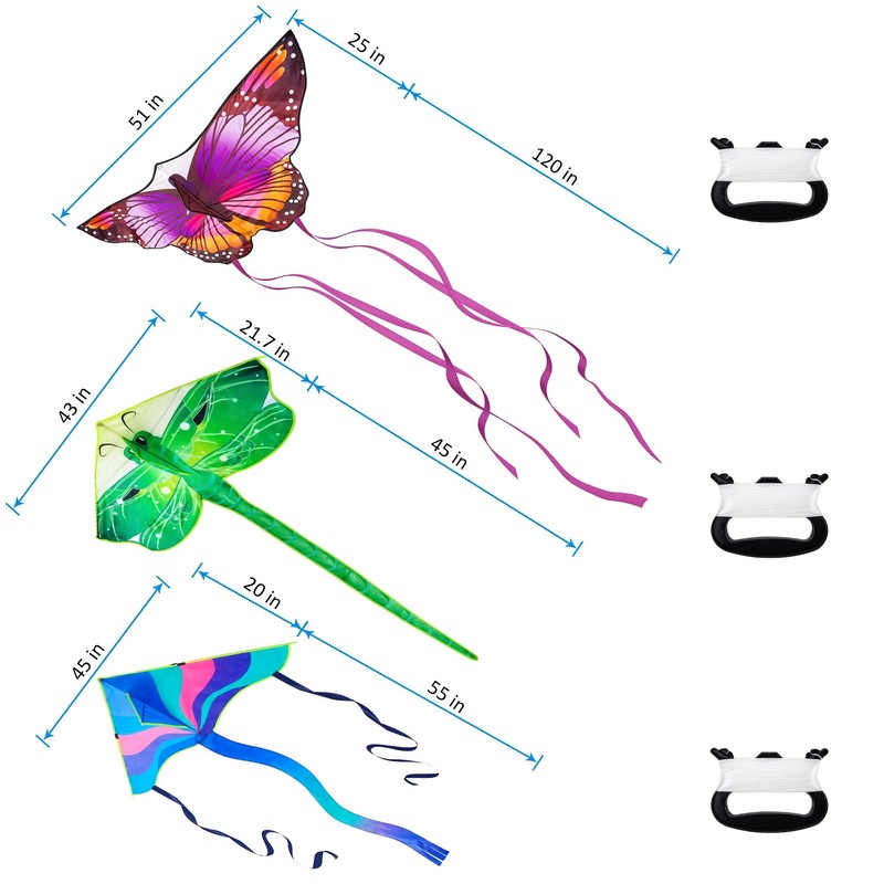 3 Pack Large Kites - Butterfly Delta Dragonfly Kites Easy
