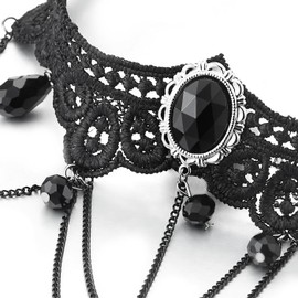Gothic Victorian Nostalgic Ladies Black Choker Necklace with Black Teardrop Beads Charm Pendant(CA)