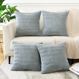Sungeek Set of 4 Soft Corduroy Decorative Cushion Covers 45x45cm, Square Striped Throw Pillow Covers 18x18 Inch for Sofa Couch Living Room Patio Farmhouse, Boho Home Decor Pillowcases (Grey)