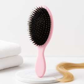 Pink Boar Bristle Paddle Hairbrush for Extensions, Long Thick Curly Hair, Gentle Detangling Brush with Soft Cushion, Reduces Breakage and Frizz, Comfortable Grip, Suitable for Wet or Dry Hair